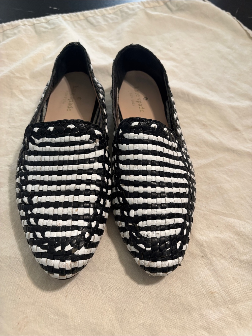 kate spade black & white woven slip-on loafers
